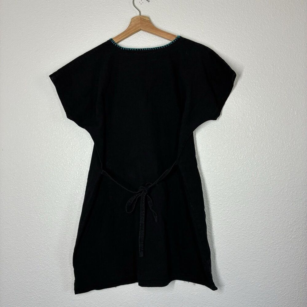 Mexican Embroidered Dress Womens M Black Floral Boho Short Cotton Tunic Peasant - Picture 8 of 9